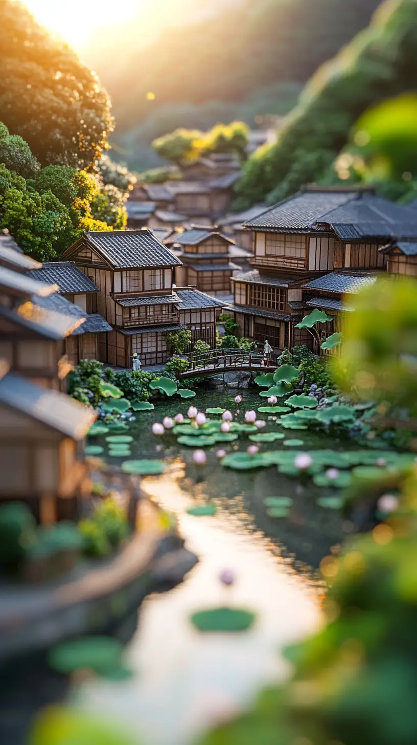 靜謐日本山谷中的動漫蓮花池場景模型