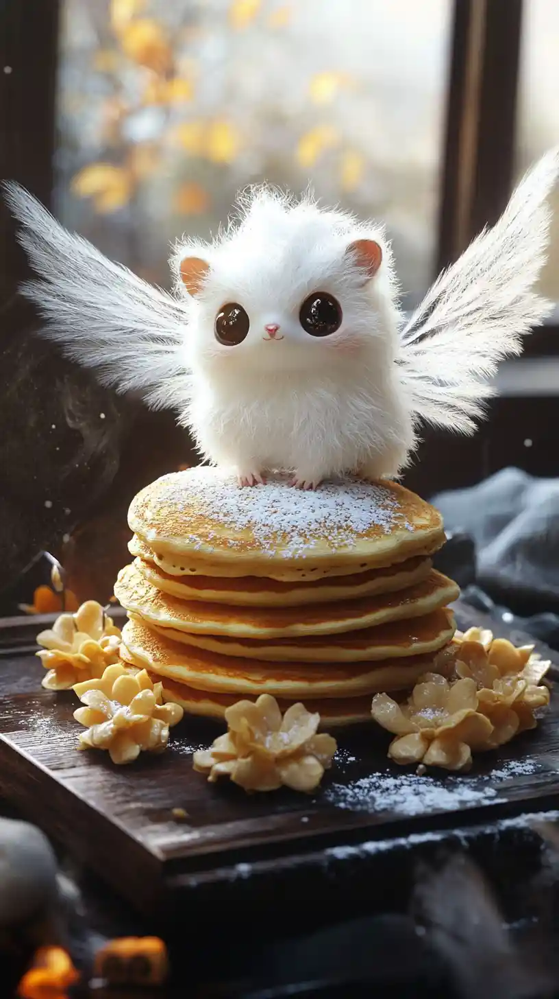 Whimsical winged creature perched on golden pancakes