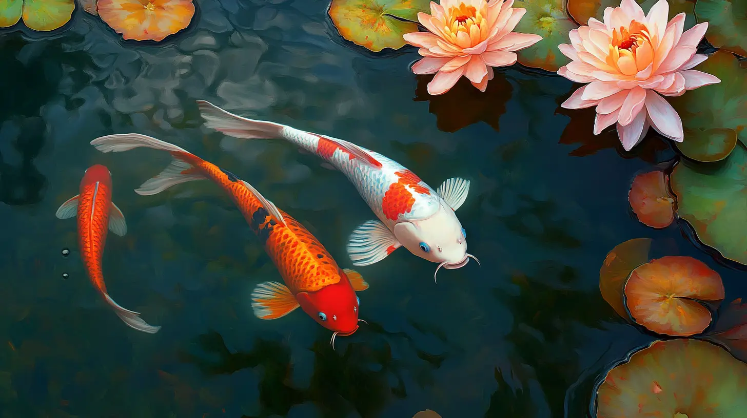 栩栩如生的錦鯉池，搭配繽紛魚群與花朵