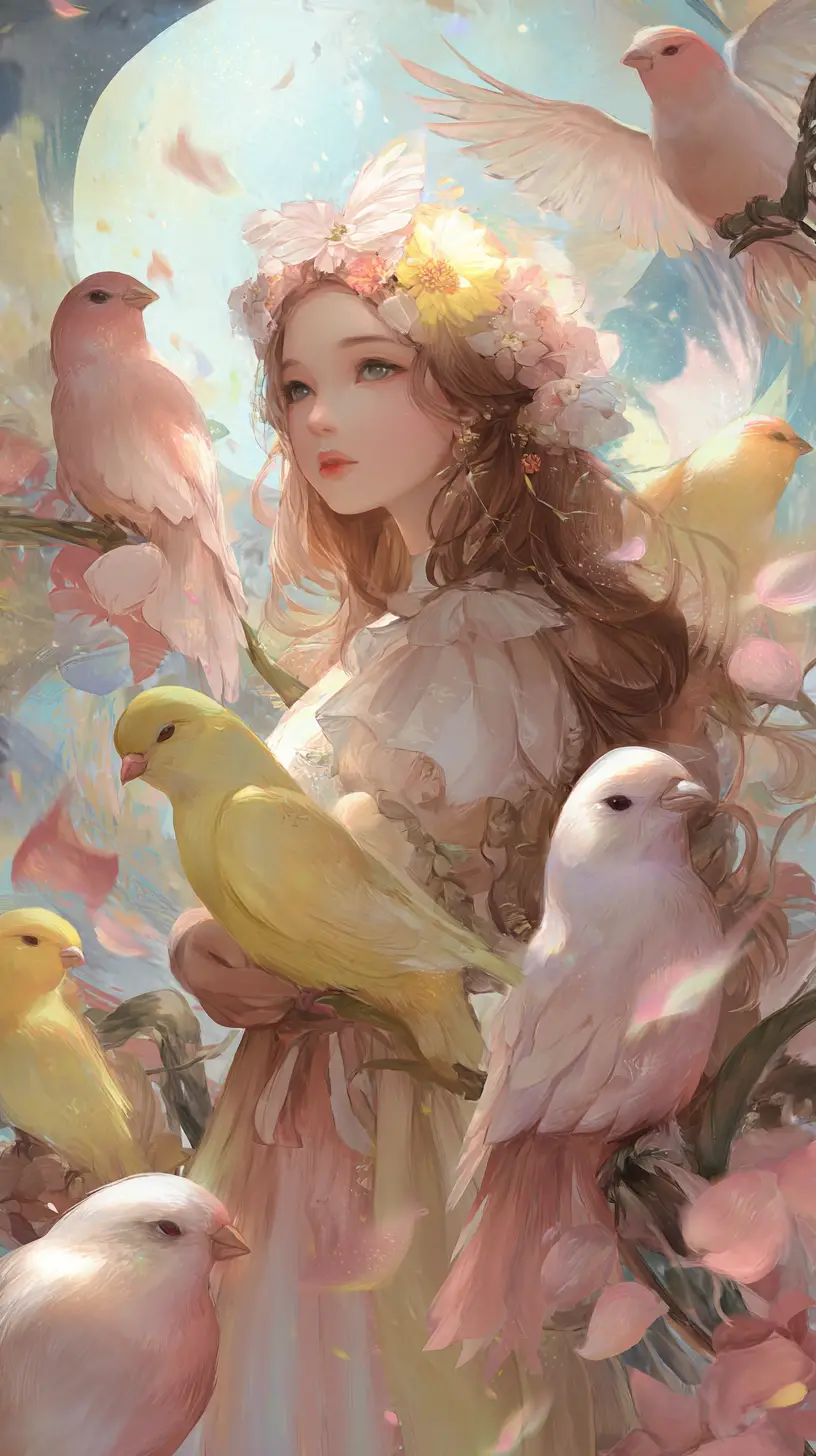 Portrait onirique d’une jeune femme avec de délicats oiseaux