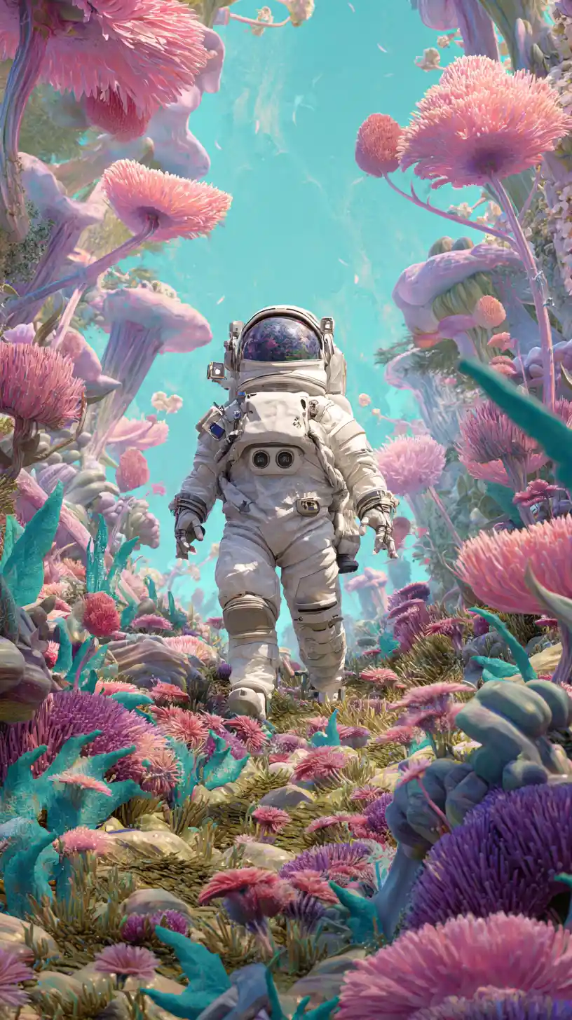 Astronaut Woman Among Colorful Creatures On Alien World