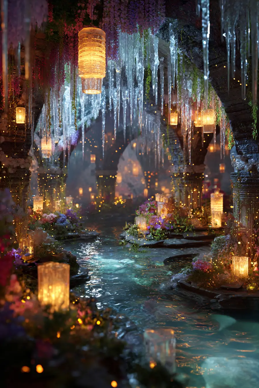 充滿發光燈籠與螢光植物的魔幻瀑布