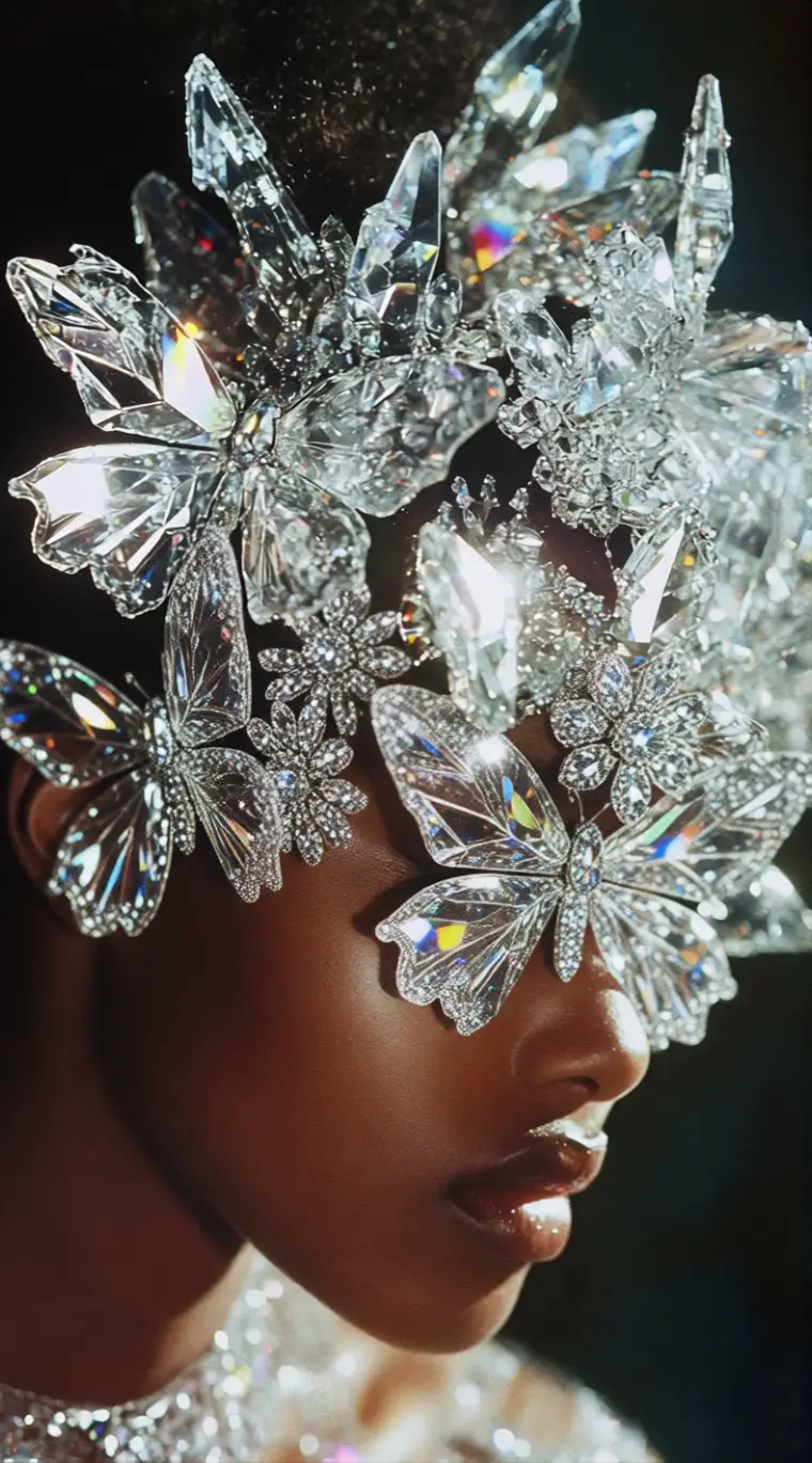 Woman with butterfly crystal mask across face and eyes