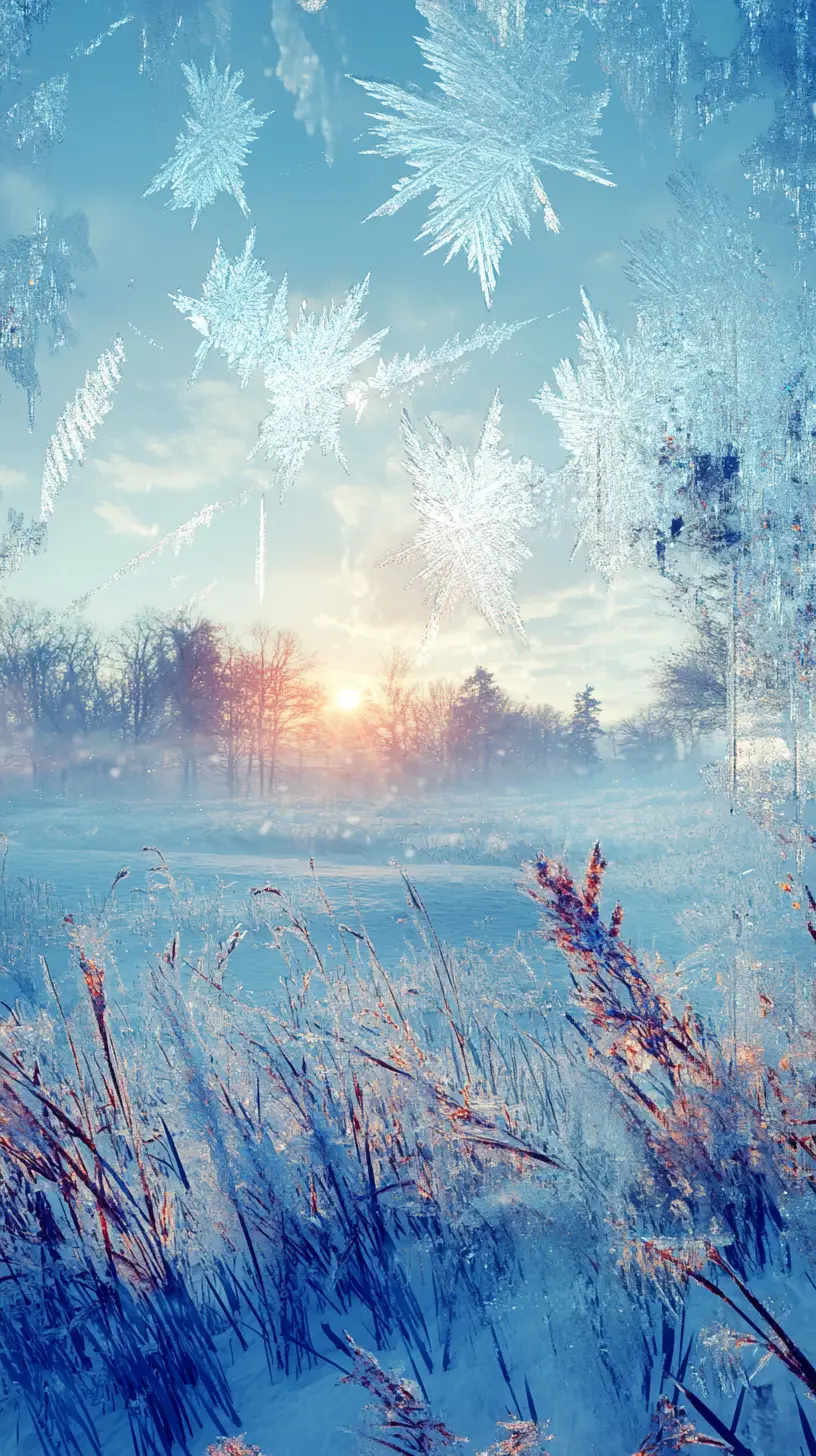 Paysage de lever de soleil hivernal à travers des cristaux de glace sur la fenêtre