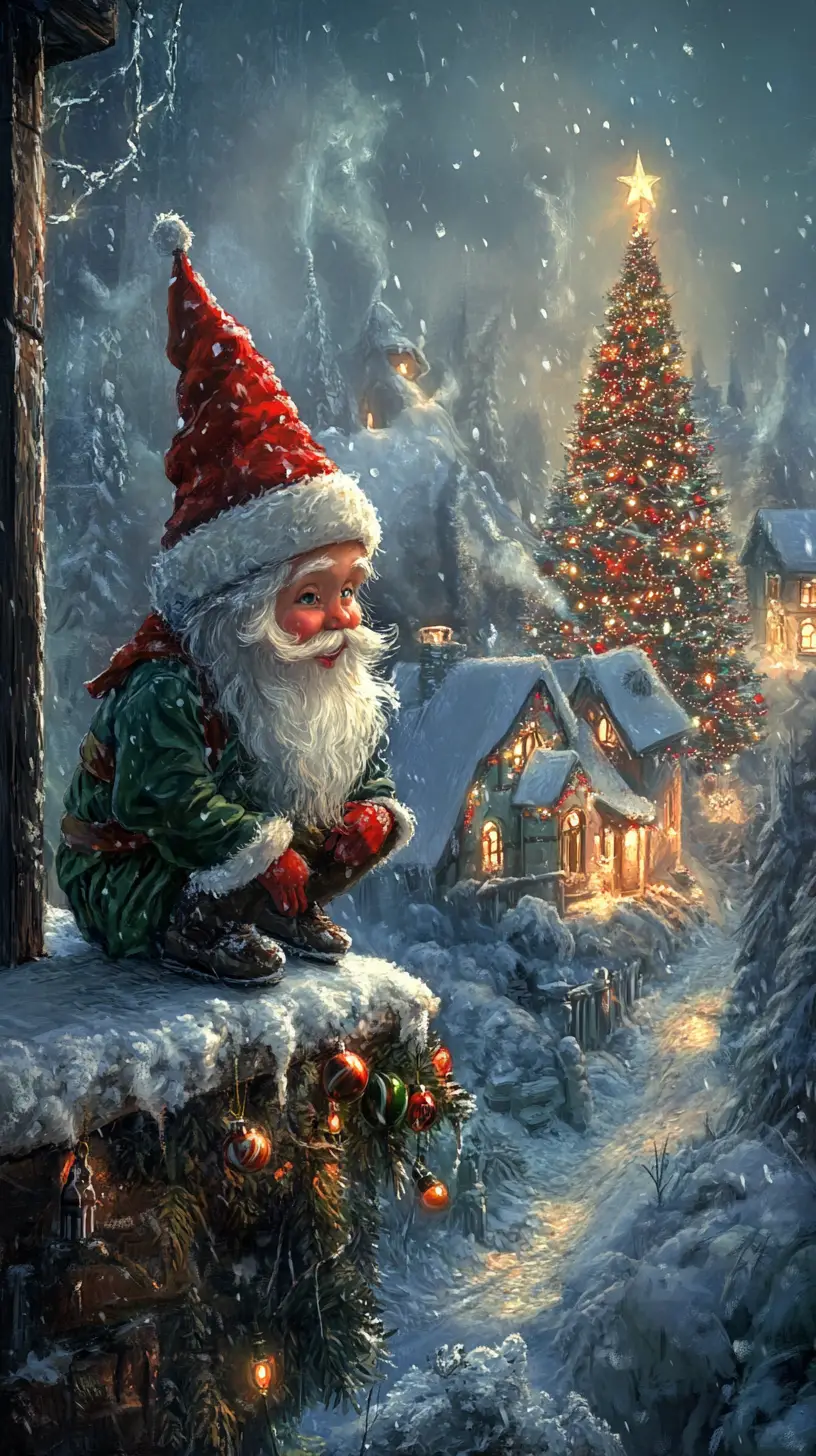 Elfo di Natale sul davanzale innevato che osserva una casa illuminata