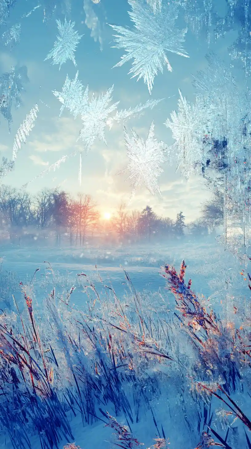 Winter sunrise landscape seen through icy window crystals