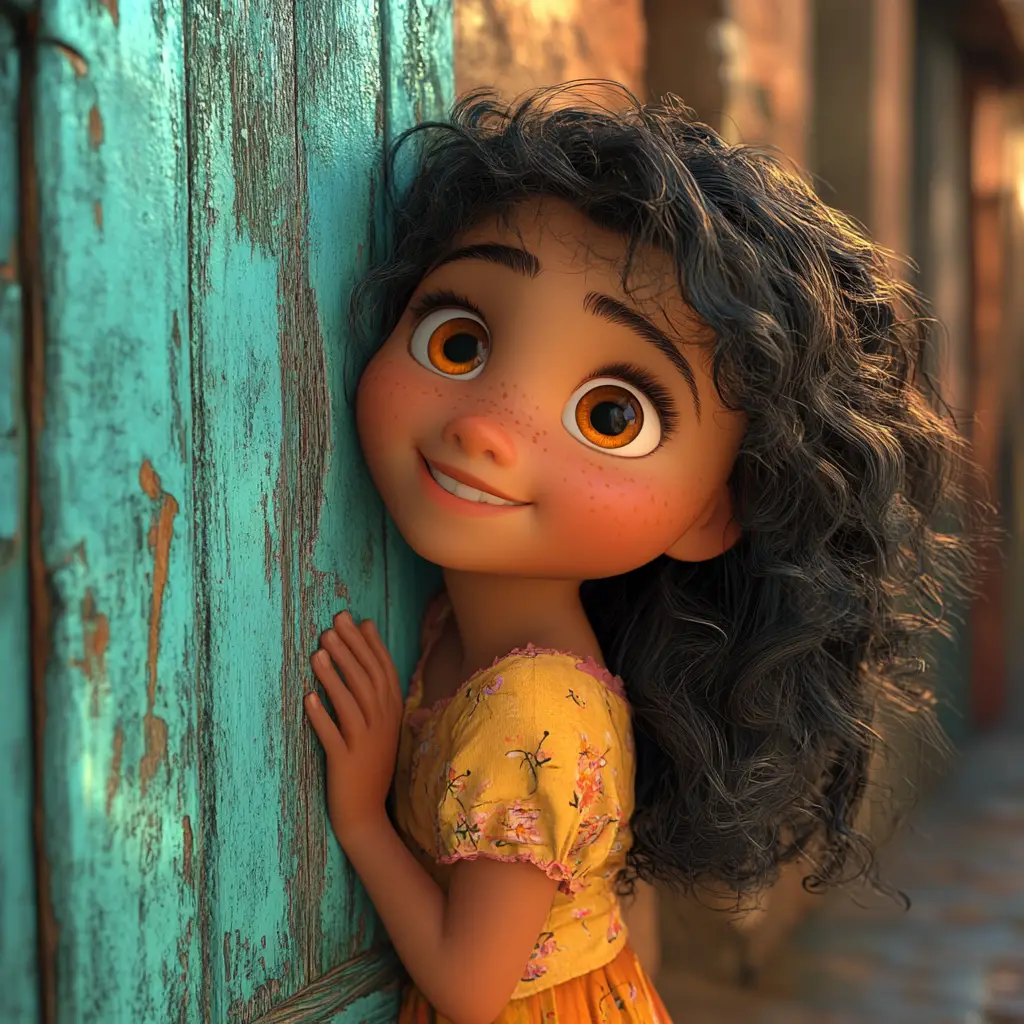 Ragazza in stile Pixar che sorride accanto a una porta turchese