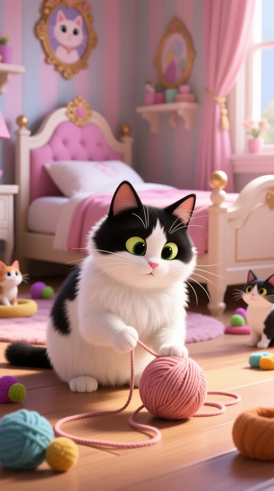 Gatto soffice in stile Pixar che gioca con il gomitolo in camera da letto