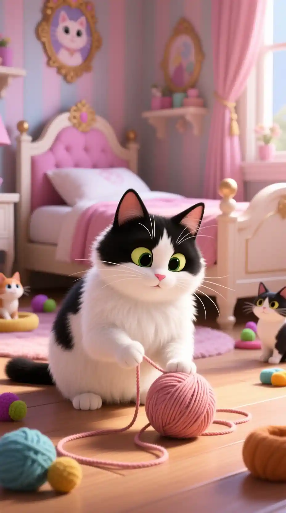Pixar style fluffy cat playing with yarn in bedroom
