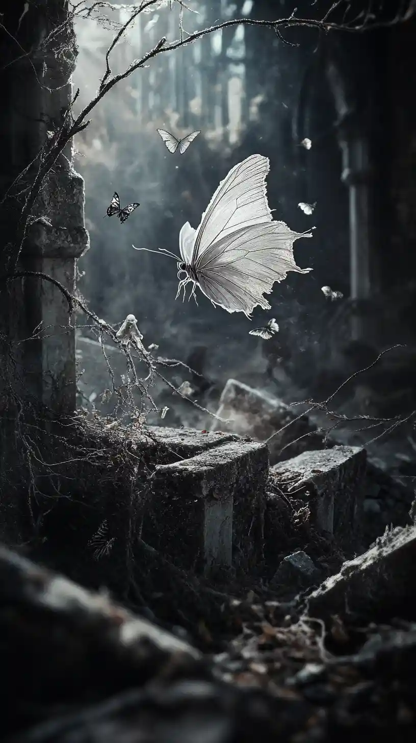Delicata farfalla sopra rovine illuminate dalla luna in arte dark fantasy