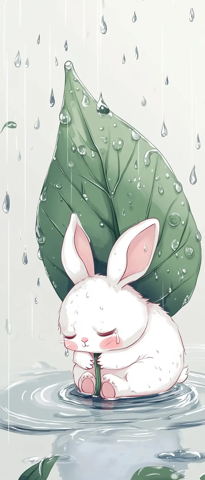 Coniglietto chibi triste sotto un ombrello di foglia sotto la pioggia