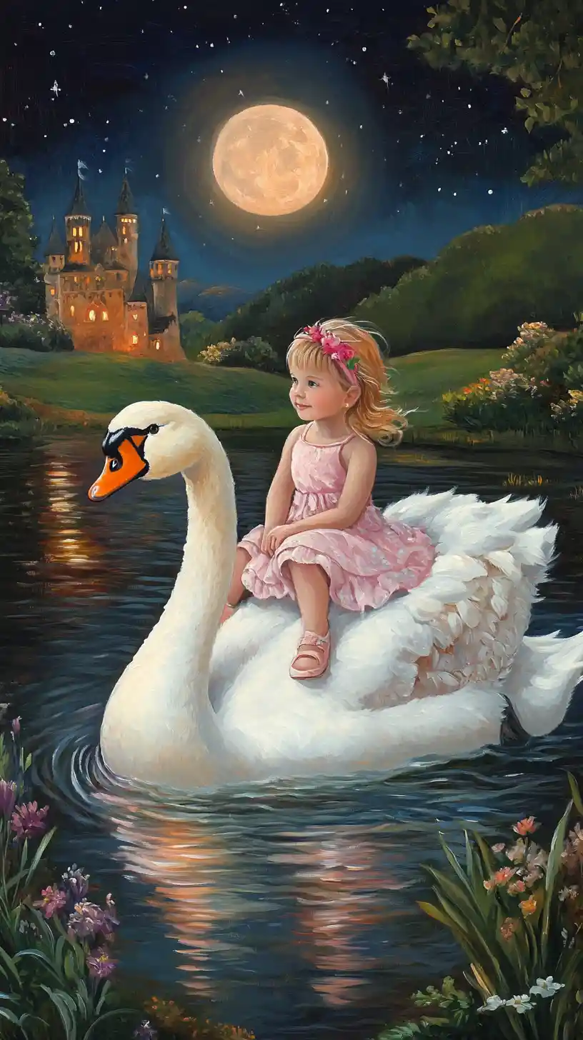 Little girl riding a white swan on a moonlit lake