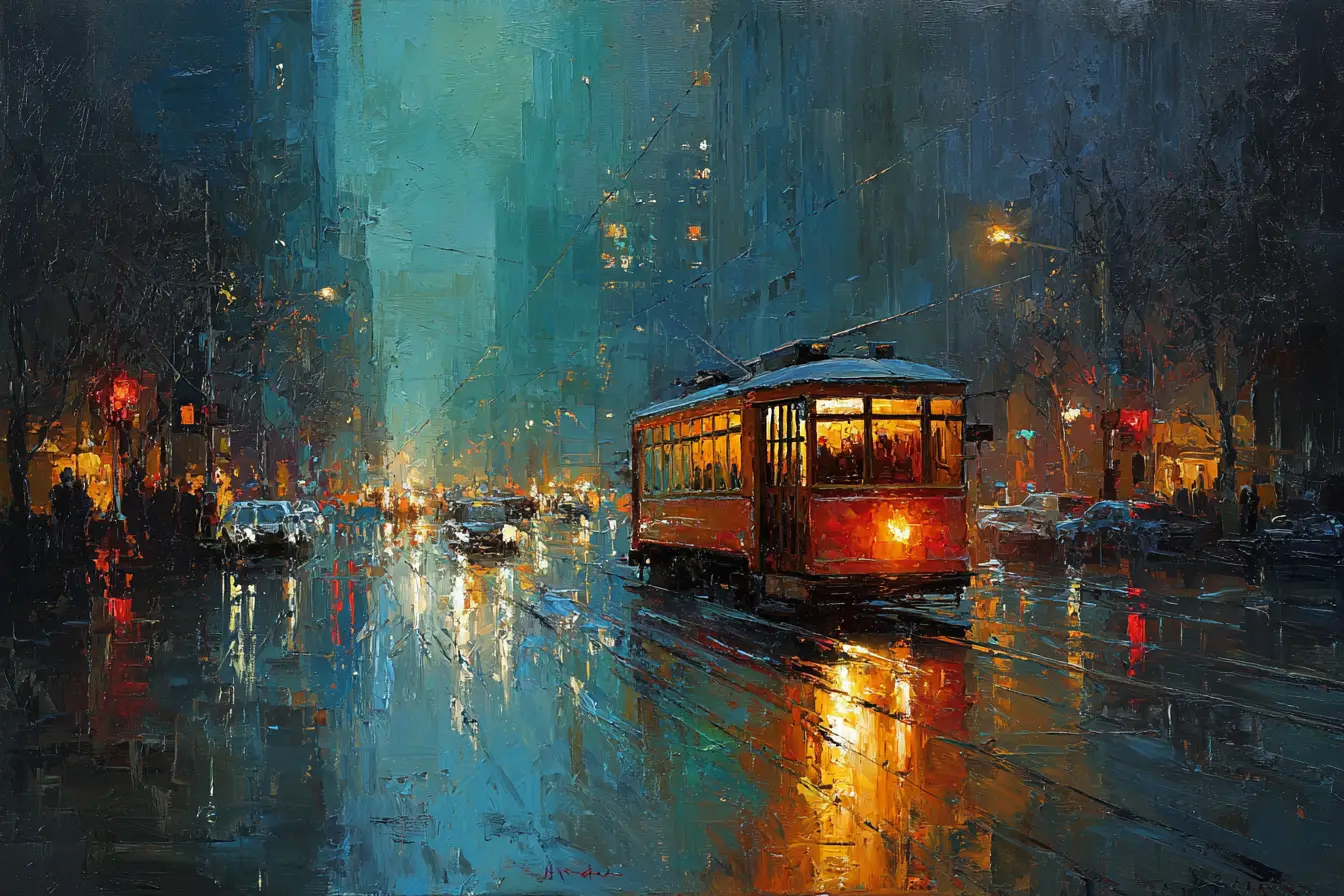 Bonde noturno em rua molhada de outono na cidade em pintura impasto