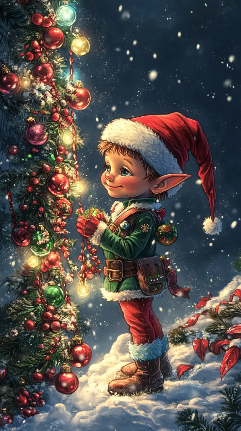 Lutin fantasque au pôle Nord en dessin au crayon enneigé