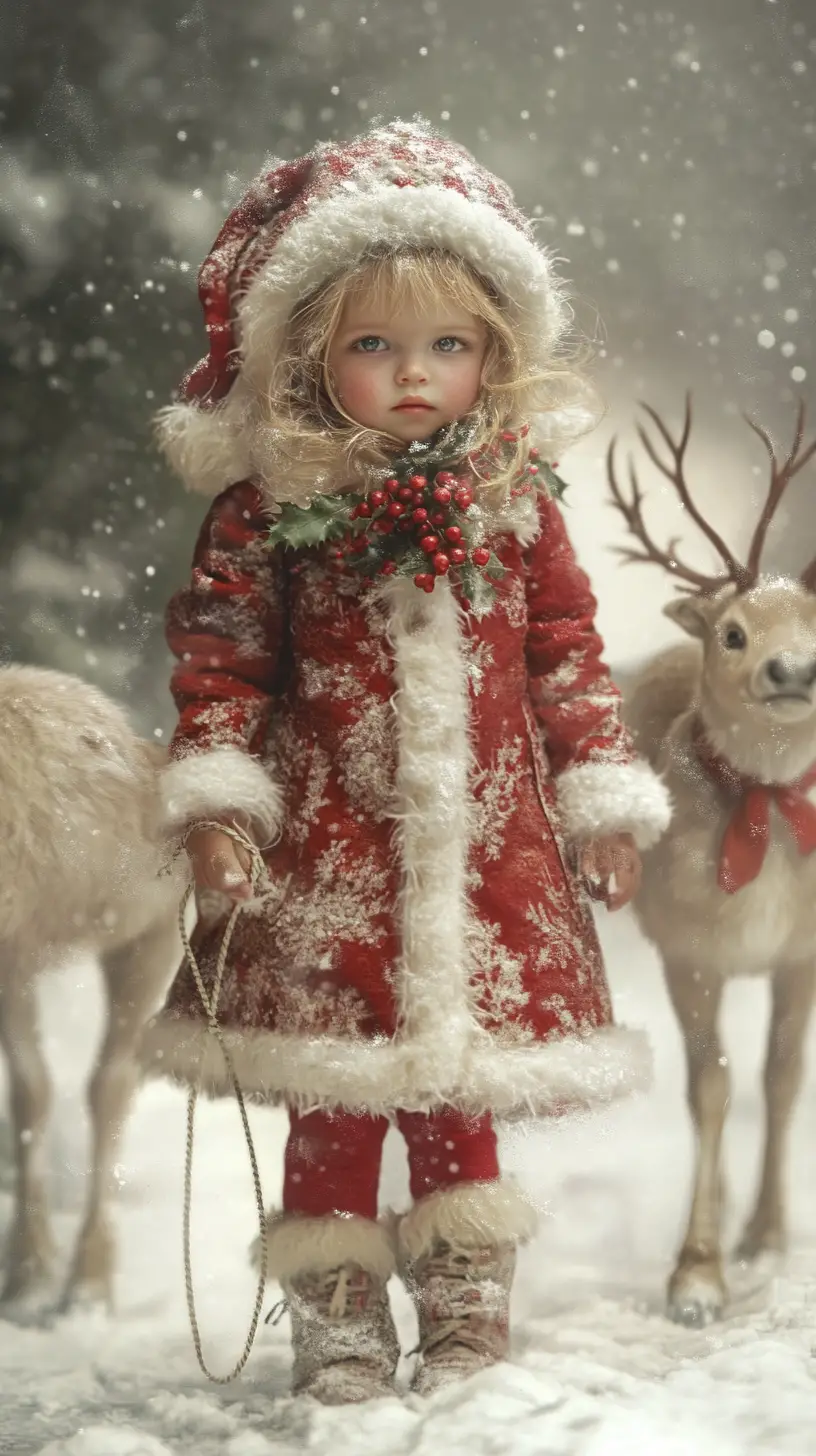 Little girl with reindeer in a snowy winter forest