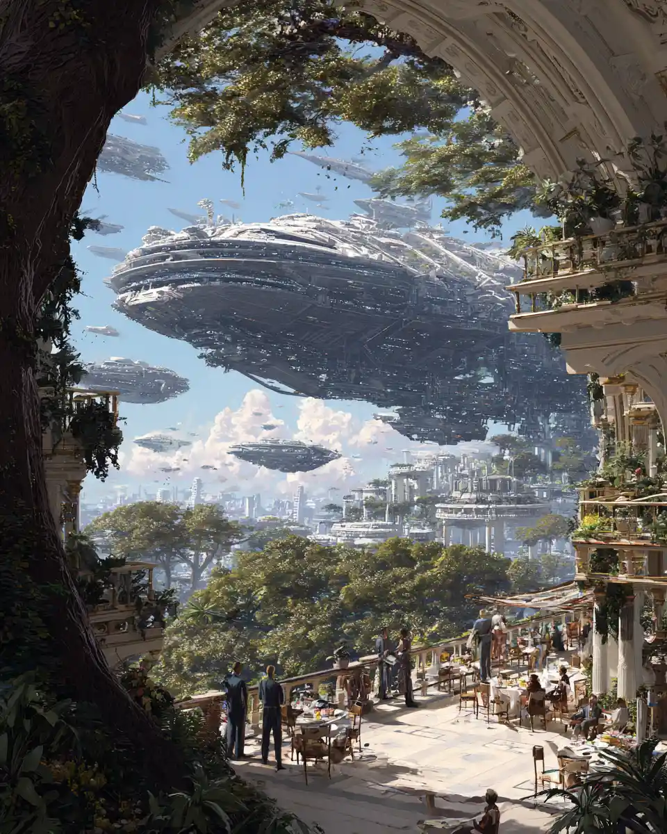 Balcony View Over Futuristic City And Spacecraft Above