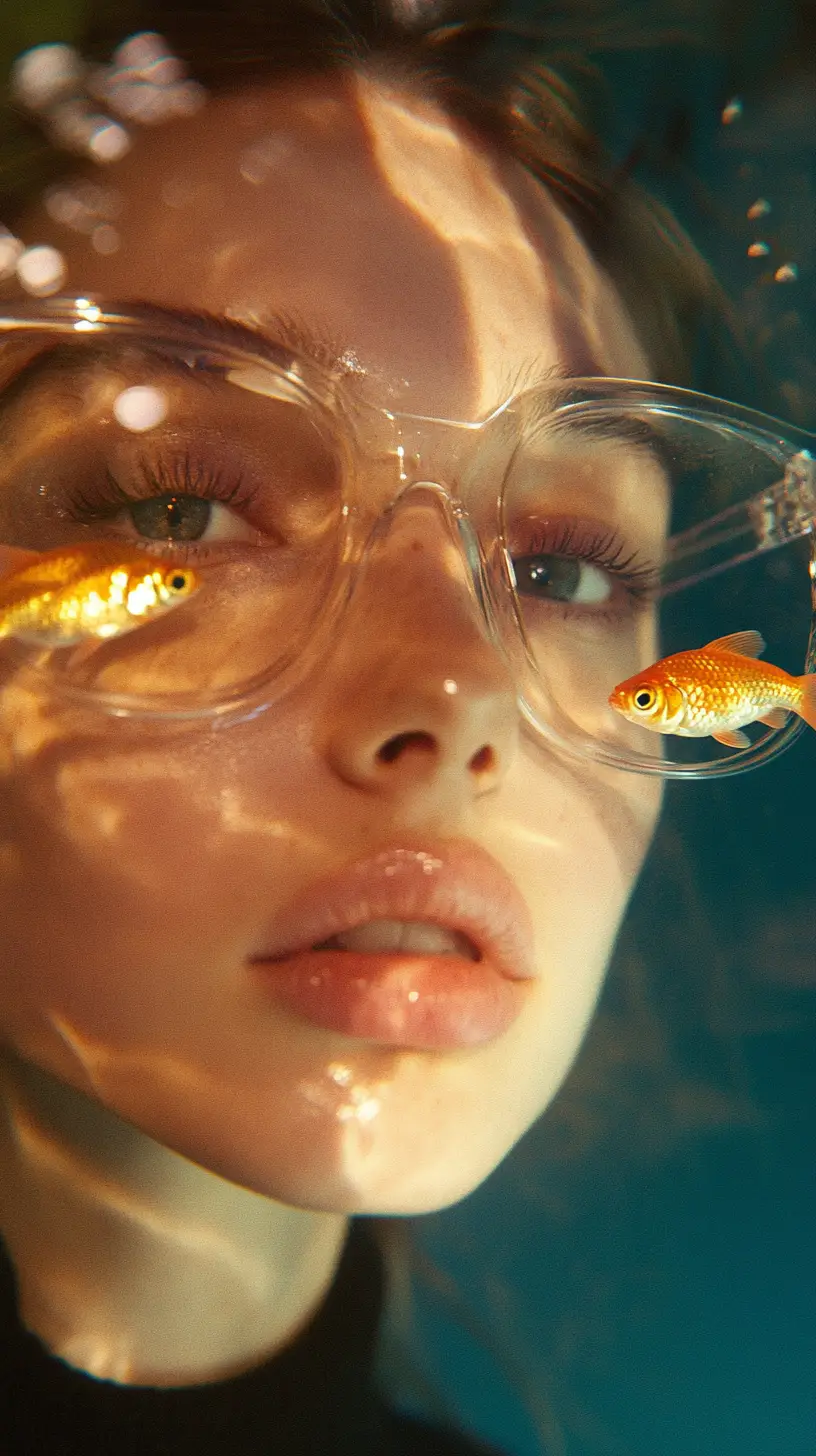 擁有玻璃金魚眼的女子超現實特寫肖像