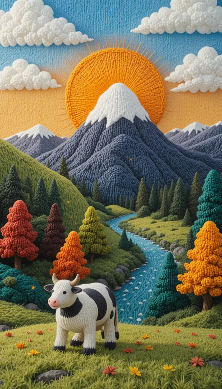 Knitted mountain landscape with cozy sunlit dairy cow