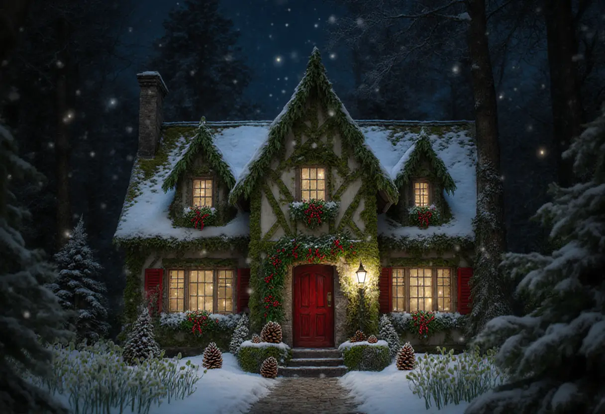 Cottage Fantastique Éthéré dans une Forêt du Solstice d’Hiver