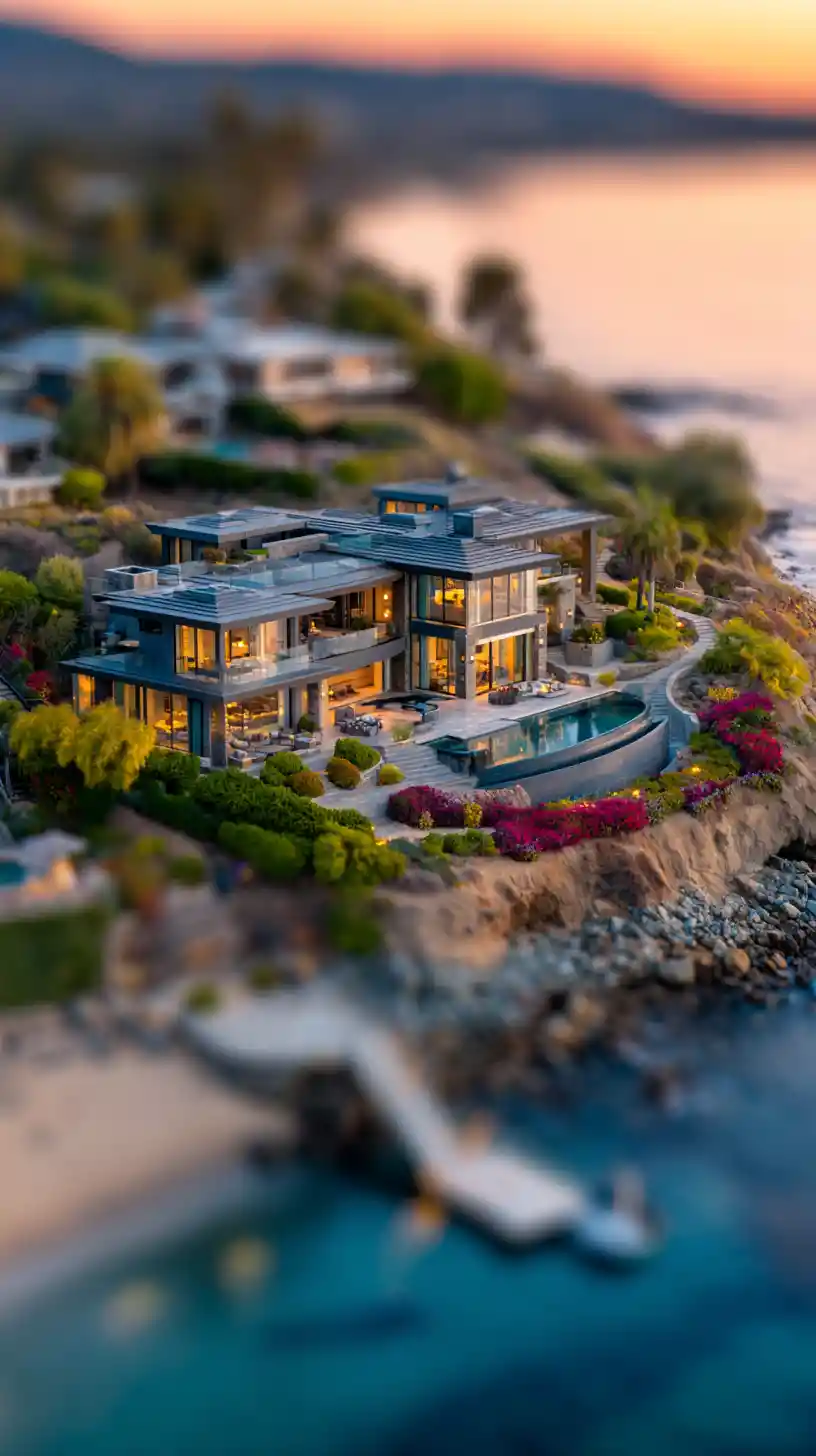 Modern California Beachfront Mansion At Sunset With Infinity Pool