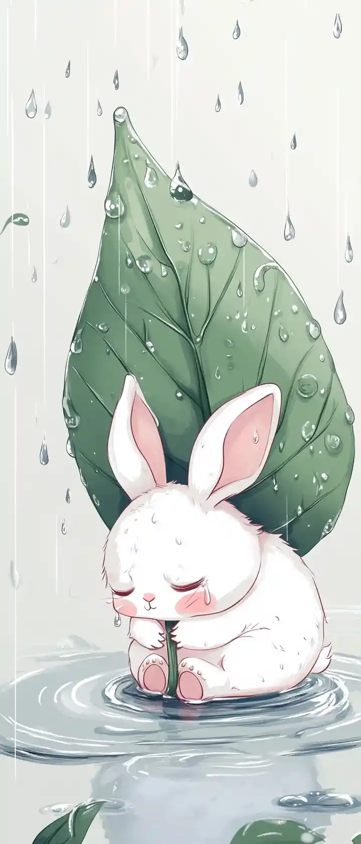 Sad chibi rabbit under a leaf umbrella in the rain