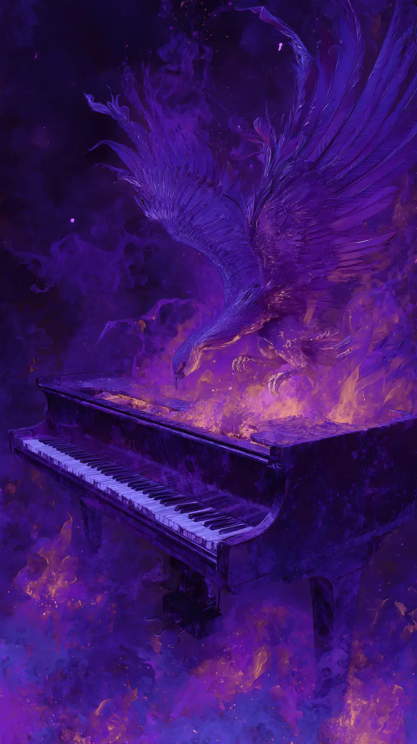 Phönix, der bei Dämmerung aus einem Klavier in der Wüste emporsteigt
