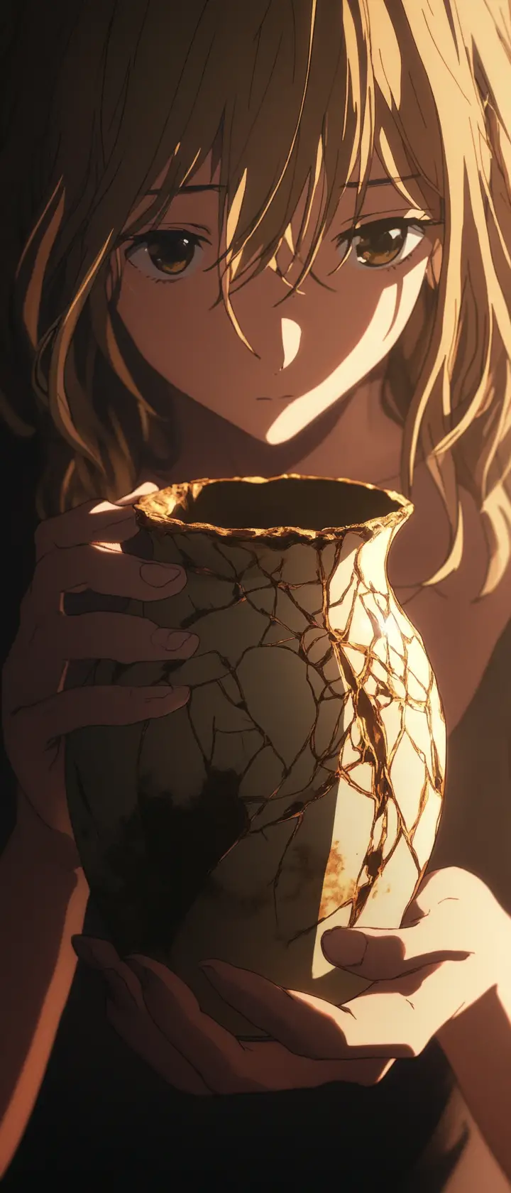 以金継修補破碎花瓶的動畫風少女