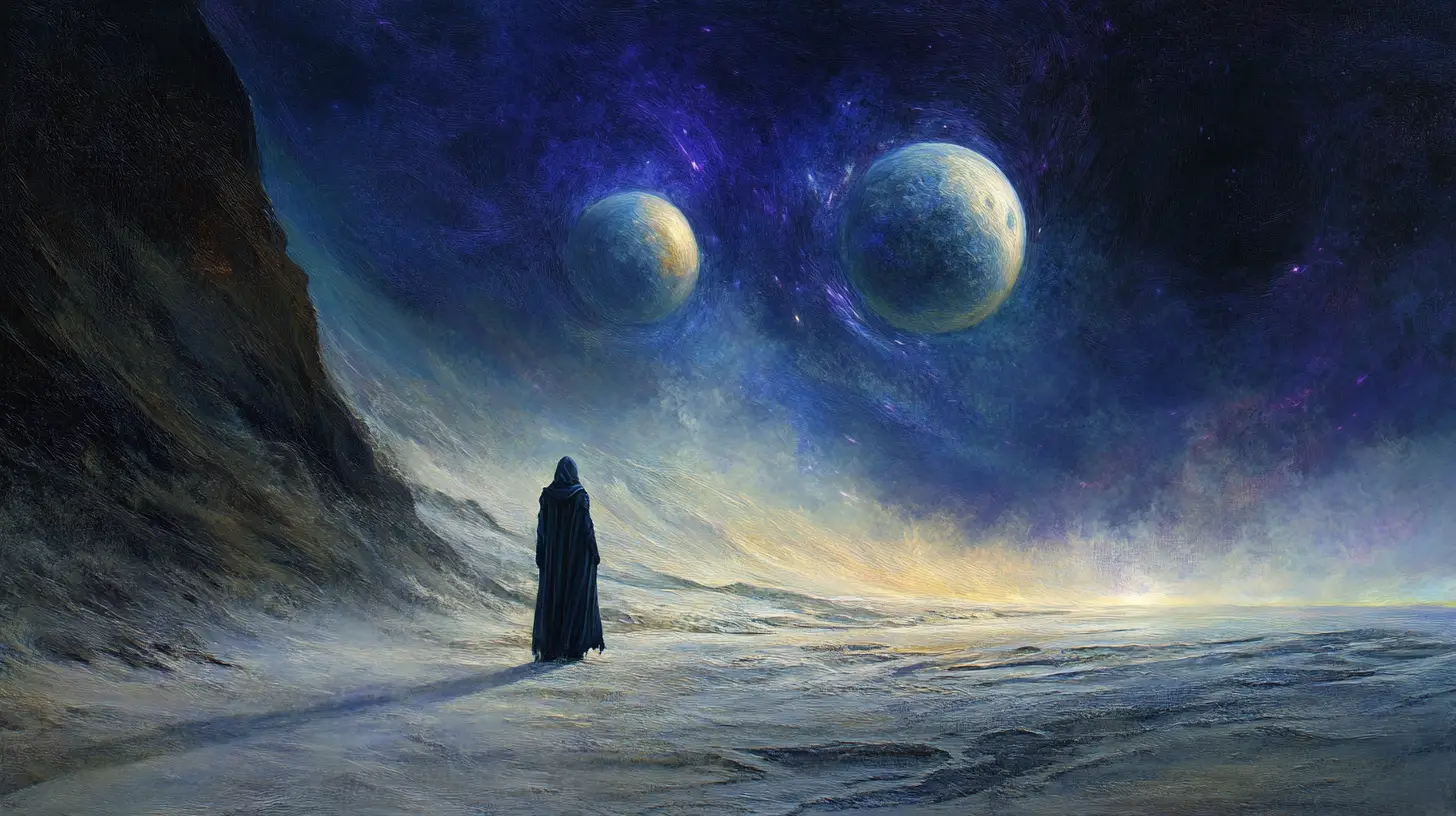 兩輪遙遠明月下的異星海岸孤獨旅人