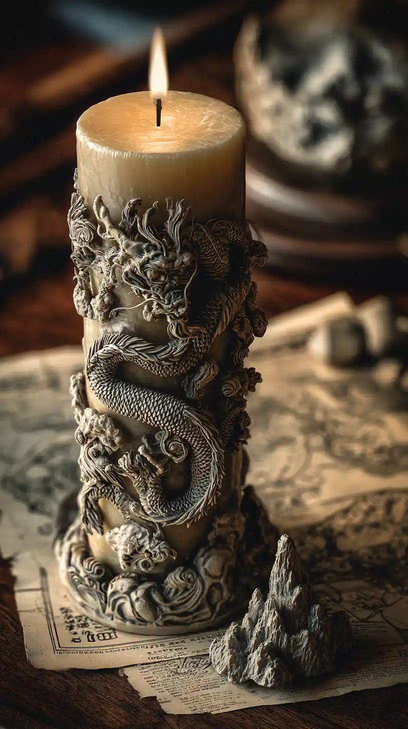 Drago Avvolto Attorno a una Candela su Tavolo di Legno Vintage