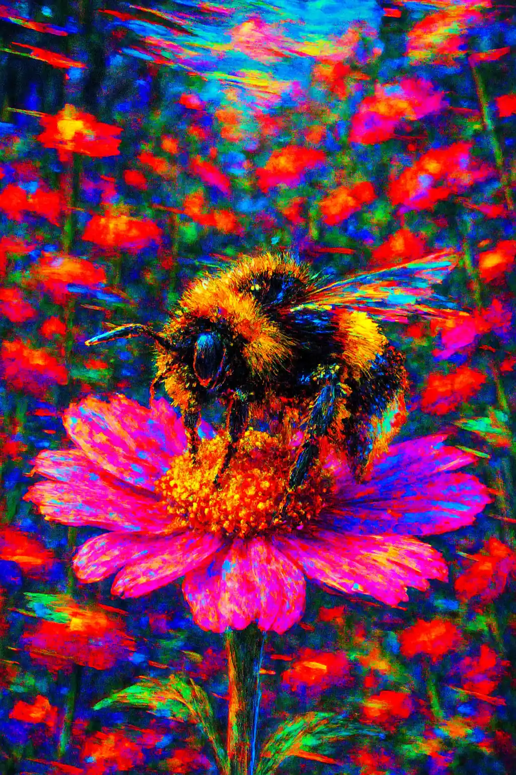Abejorro sobre flor rosa en un jardín soleado