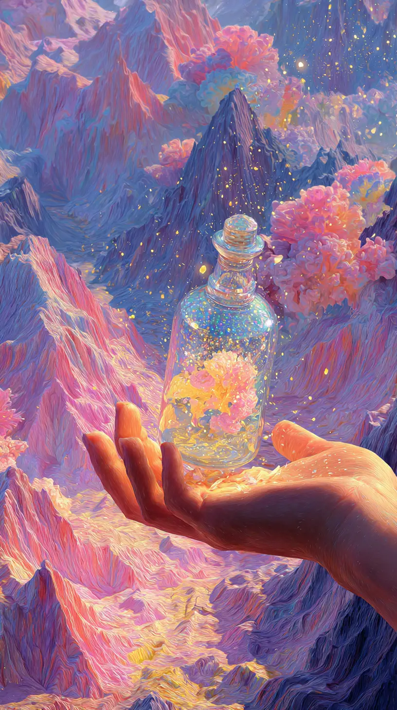 神秘之手將星塵灑落在超現實繽紛群山之上