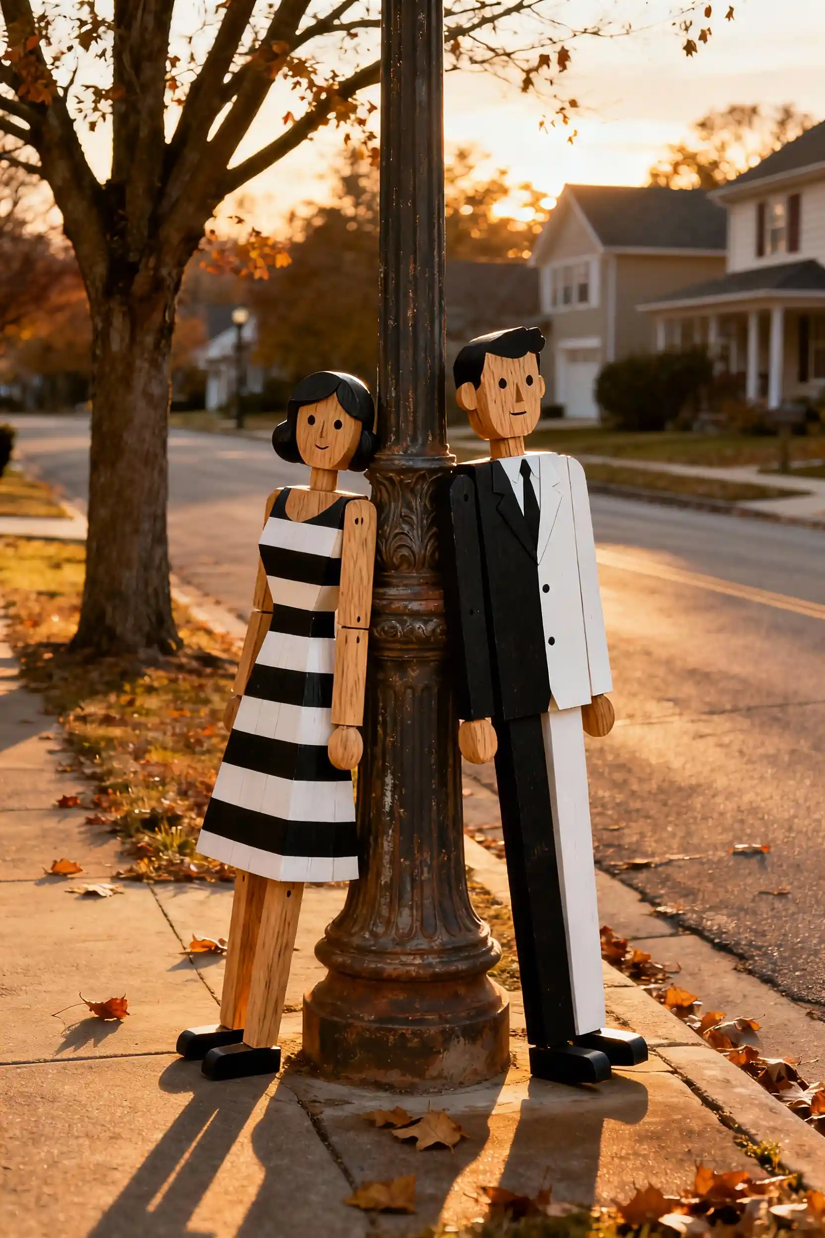Pareja de muñecos de palo de madera junto a una farola vintage