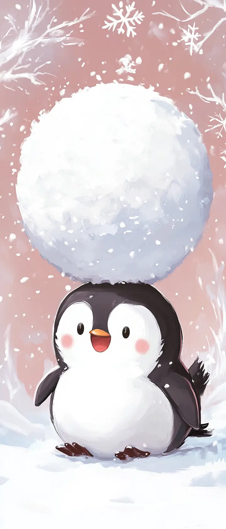被巨大雪球困住的俏皮Q版企鵝