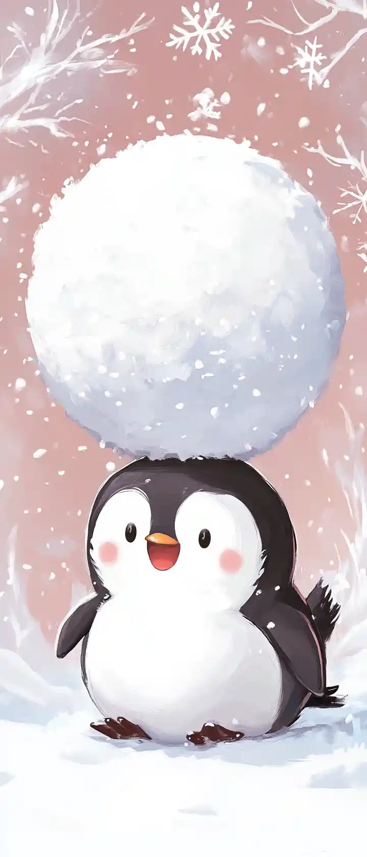 Playful chibi penguin trapped under a giant snowball