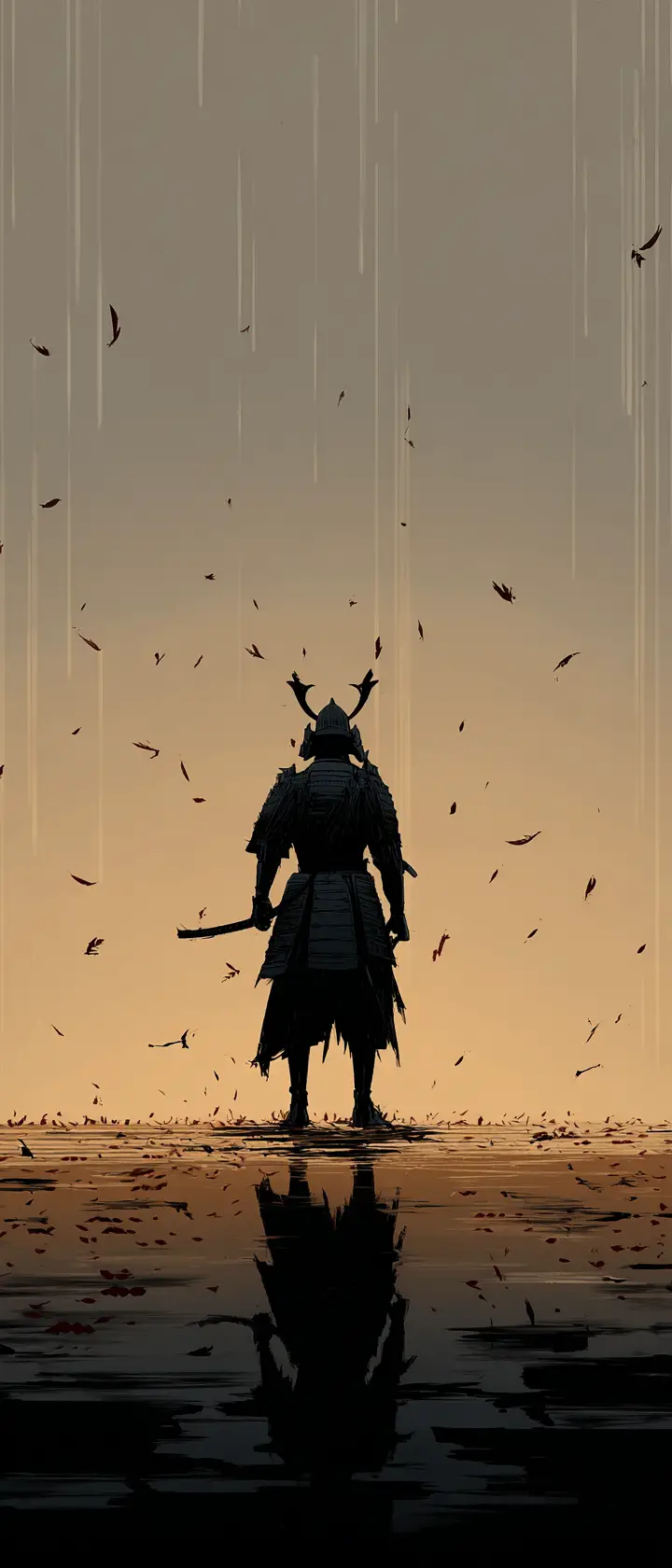 Einsamer gefallener Samurai vor einem verblassenden Abendhorizont