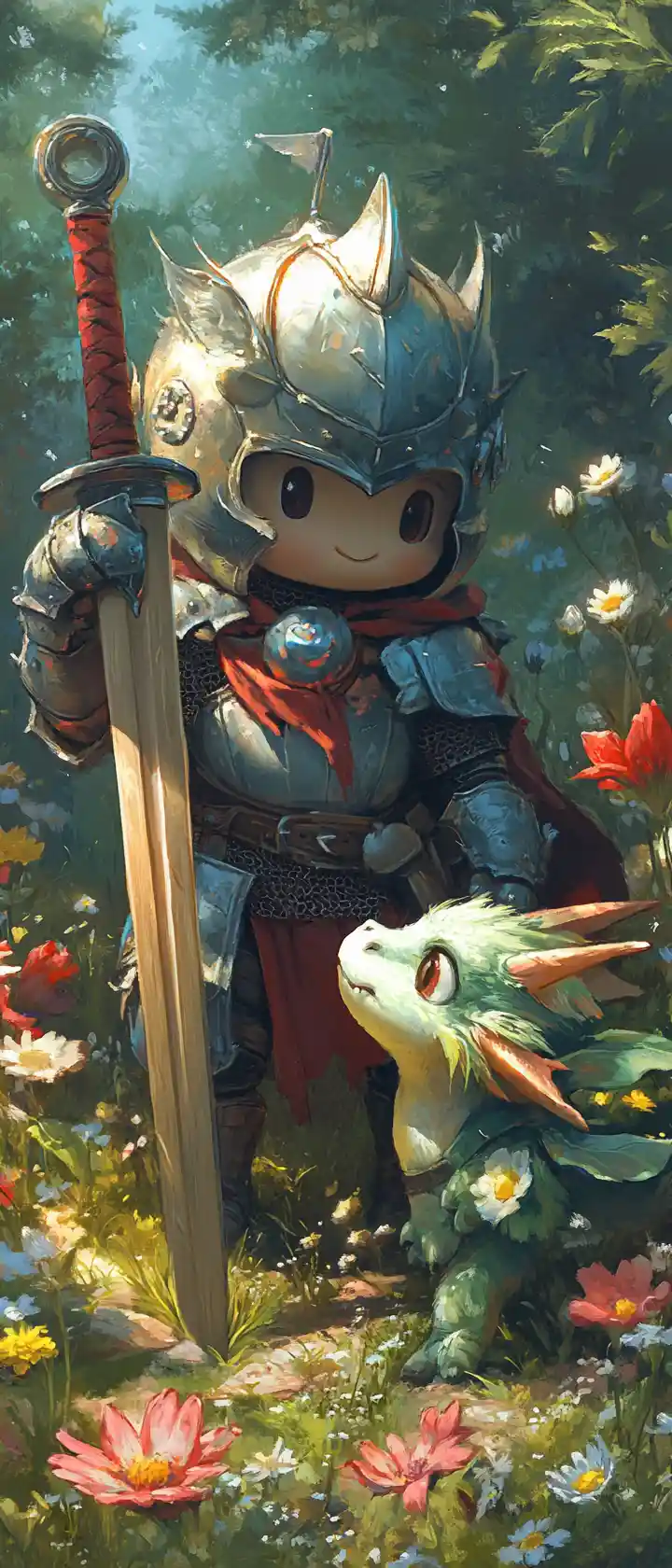 Cavaliere chibi che combatte un drago di peluche in un prato fiorito