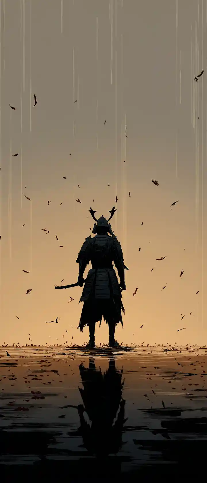 Samurai caduto e solitario contro un orizzonte di crepuscolo che svanisce