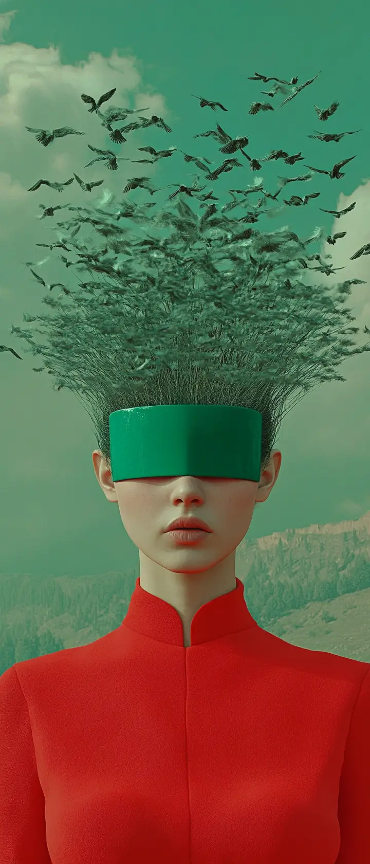 Surrealistisches Porträt eines schönen Mädchens im abstrakten virtuellen Raum