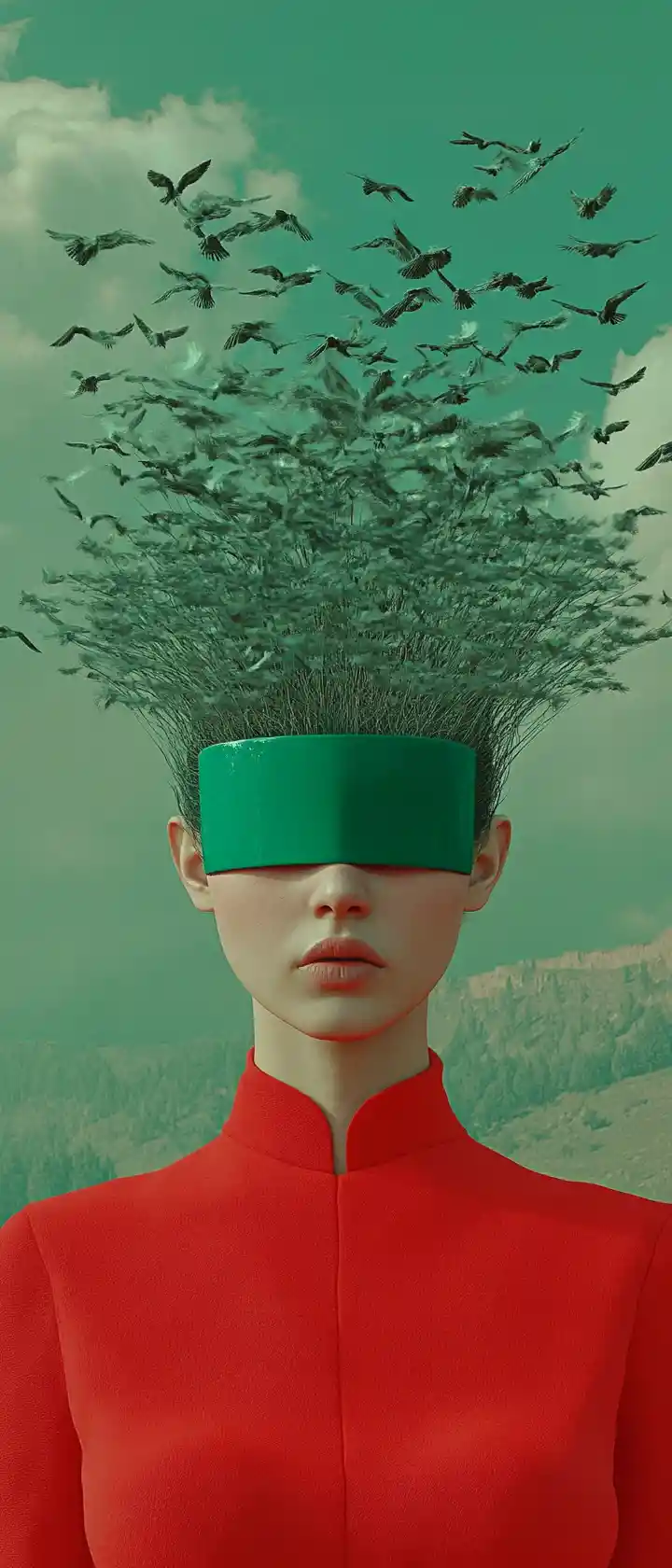 Surreal portrait of a beautiful girl in abstract virtual space