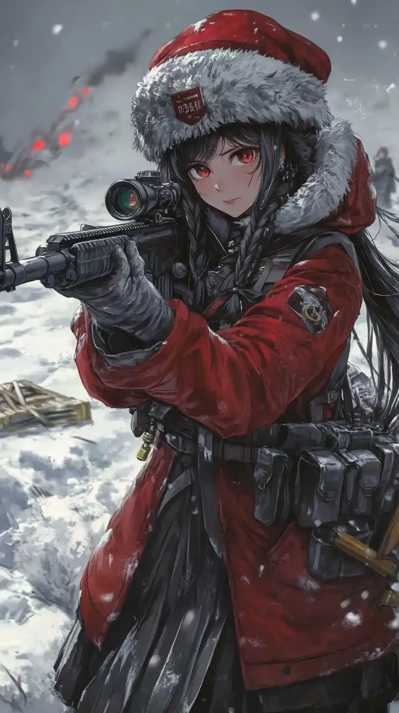 Ragazza soldato anime che mira con il fucile in una base militare innevata