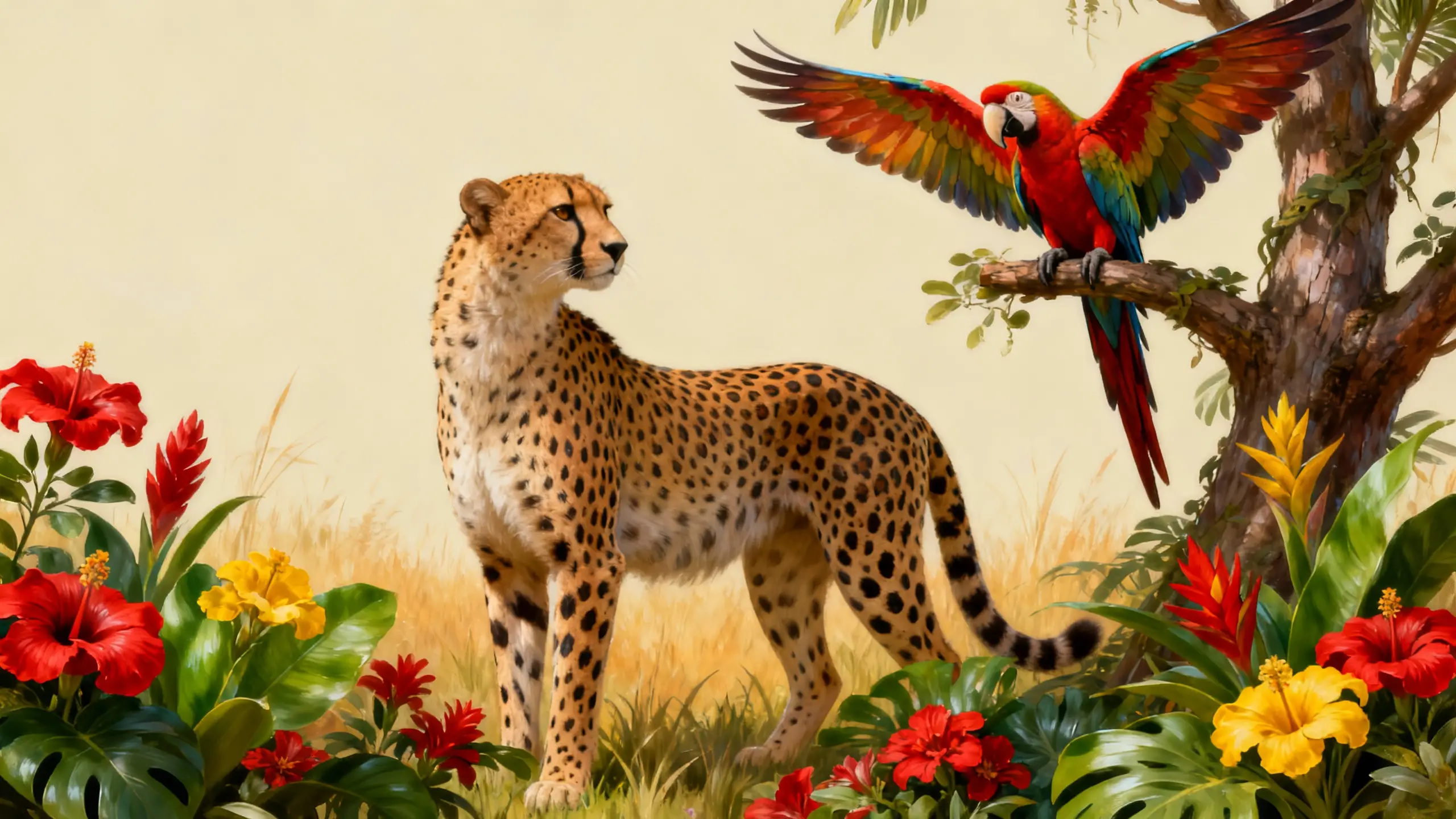Guépard 3D debout dans une jungle colorée