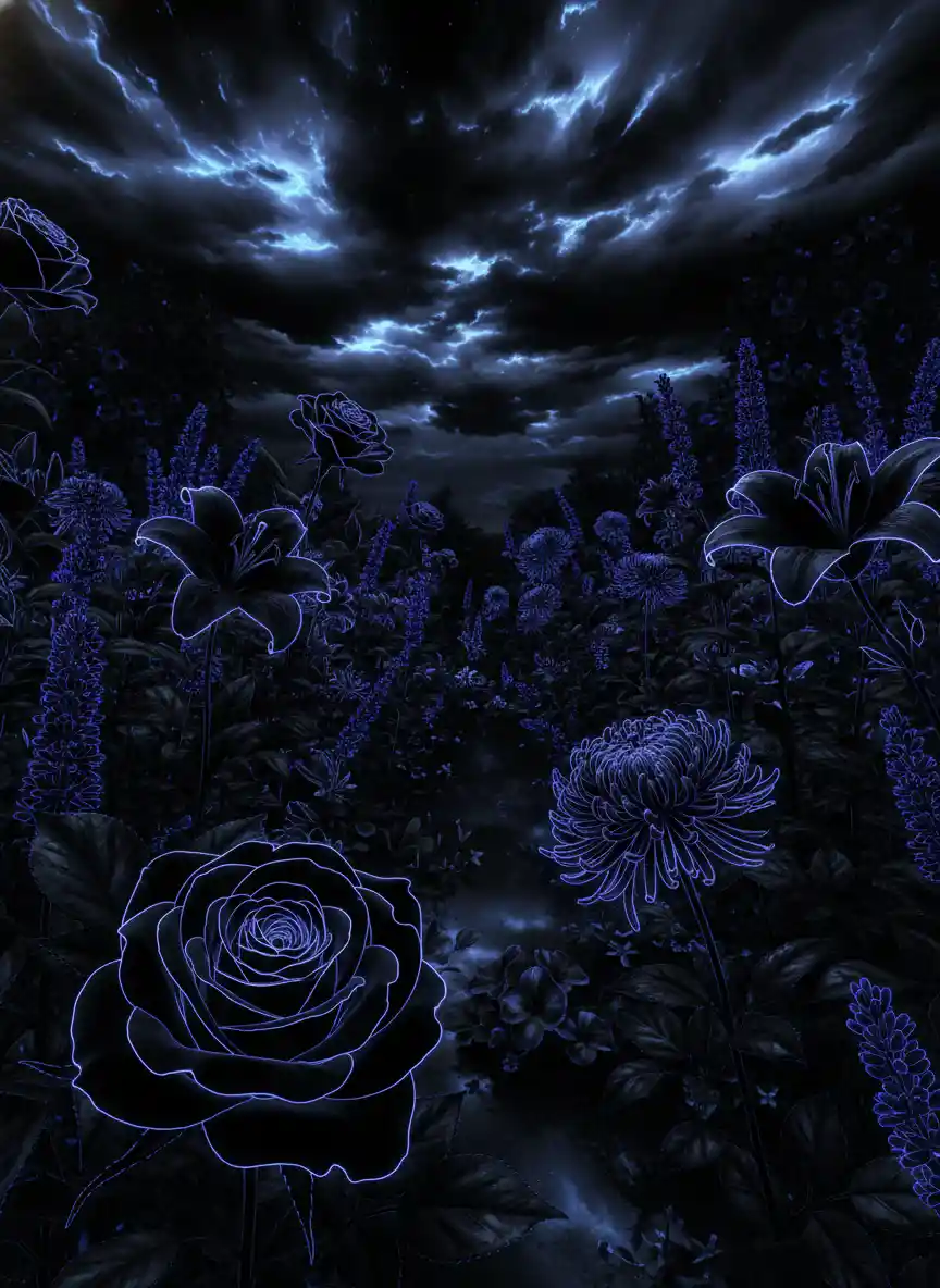 Giardino di fiori romantico e luminoso nei profondi colori di mezzanotte
