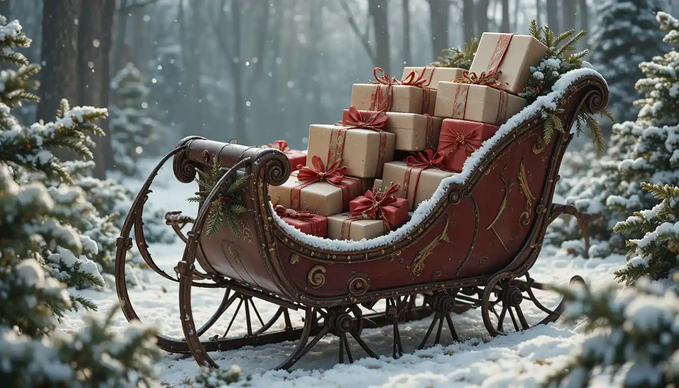 Trineo vintage con regalos de Navidad en un paisaje nevado de pinos