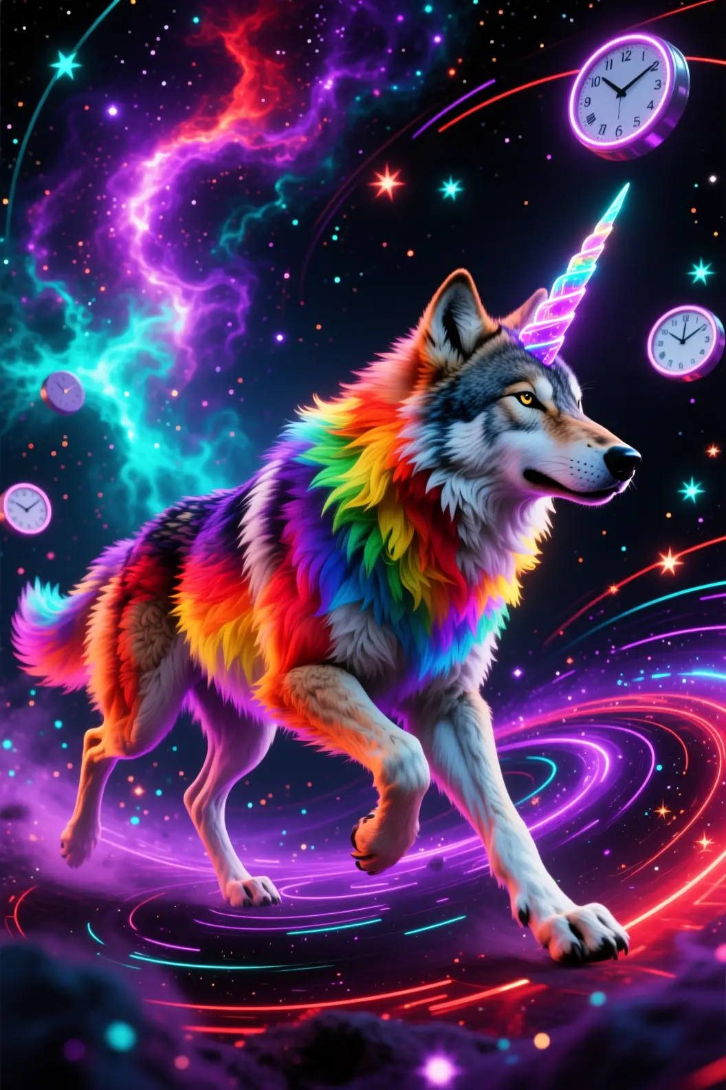 Regenbogenhorn-Wolf, der durch eine kosmische Galaxie läuft