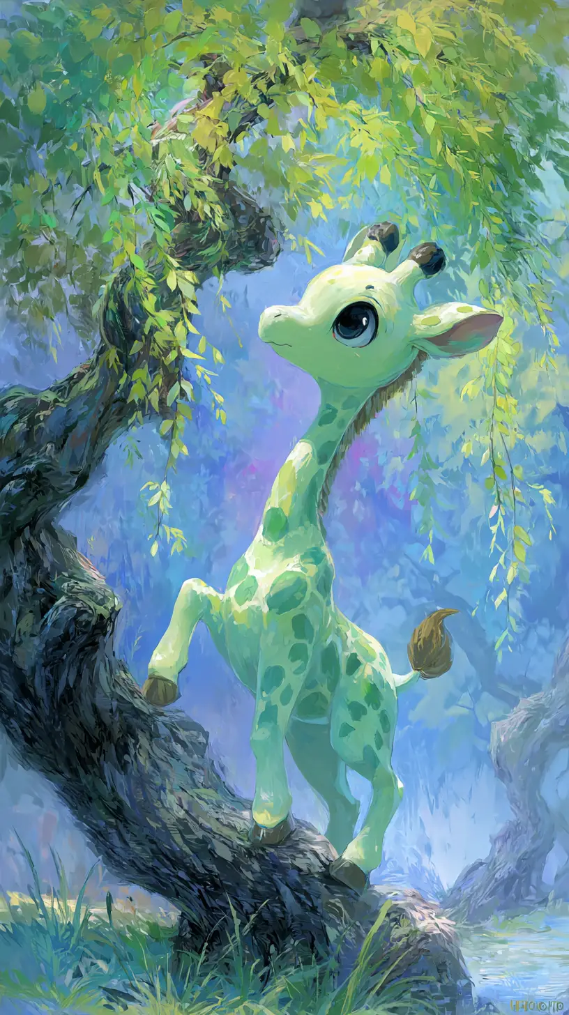 Adorabile giraffa chibi che allunga il collo verso le foglie in stile anime