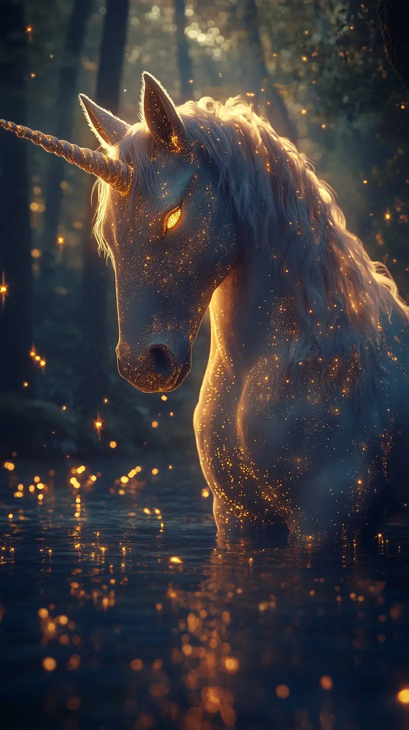 Majestueuse licorne lumineuse au bord d’une rivière calme et onirique