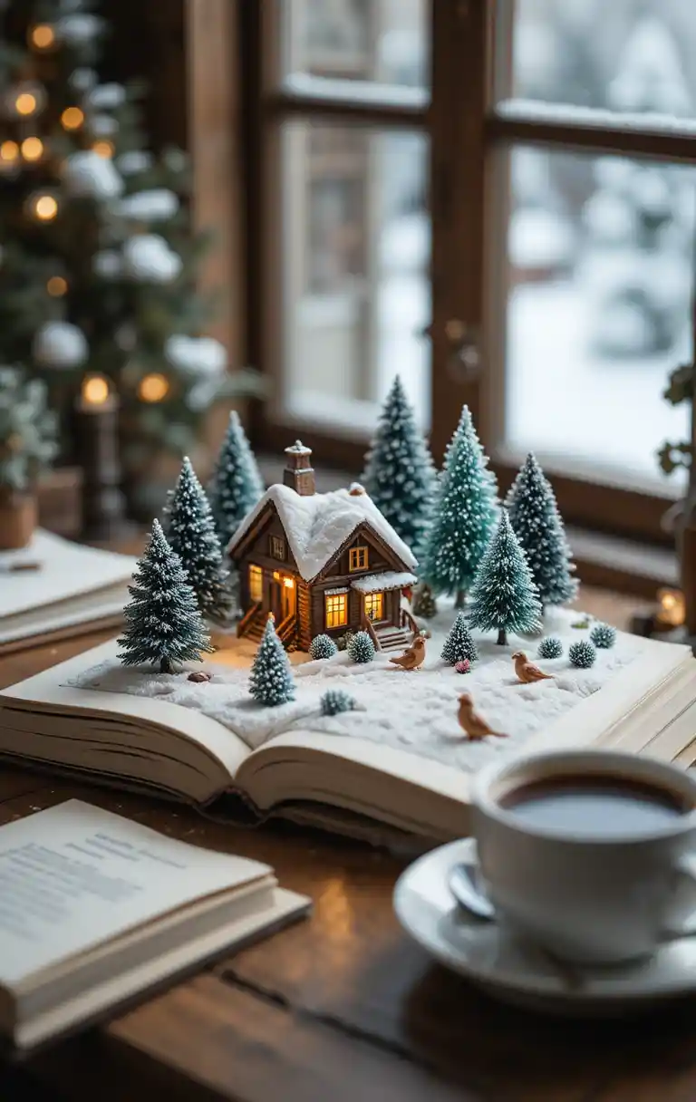 Diorama di un accogliente villaggio invernale su un libro di fiabe aperto