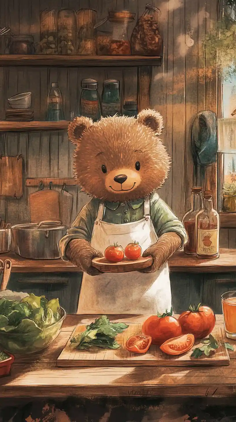 Orso chef ad acquerello in una calda cucina rustica