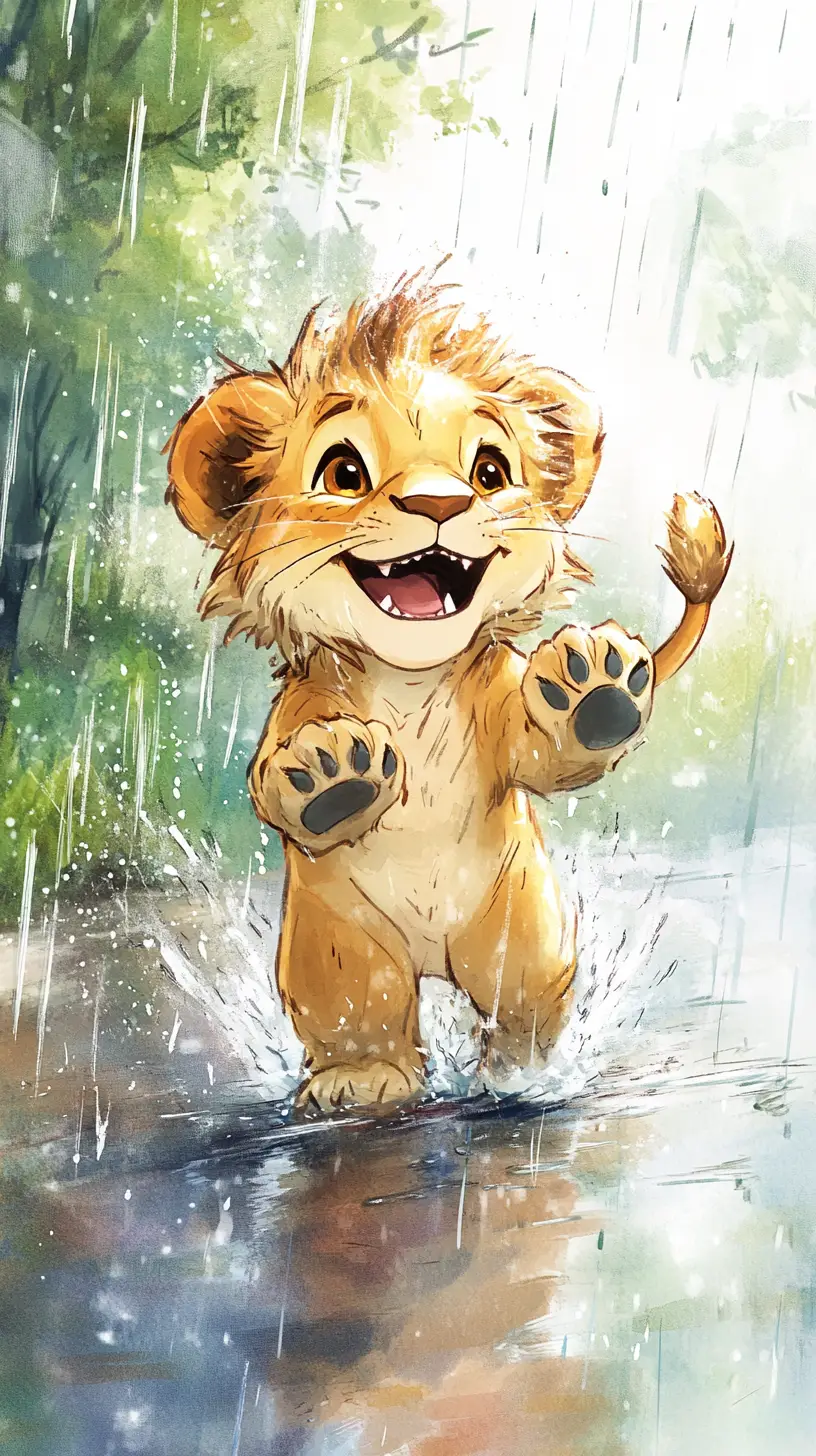 Bébé lion joueur secouant la pluie sur un porche mouillé