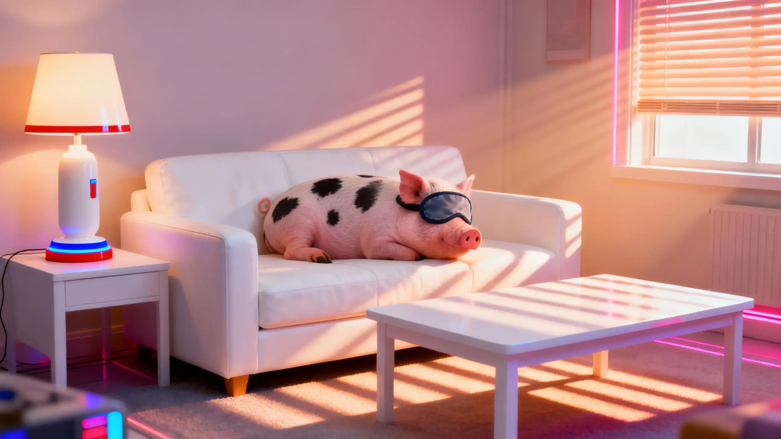 Salon rétro-futuriste avec cochon endormi sur le canapé